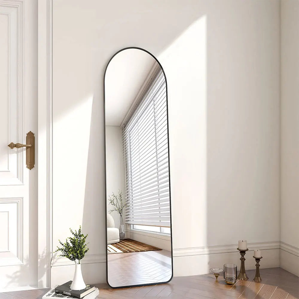 Arched metal length floor mirror for bedroom living room
